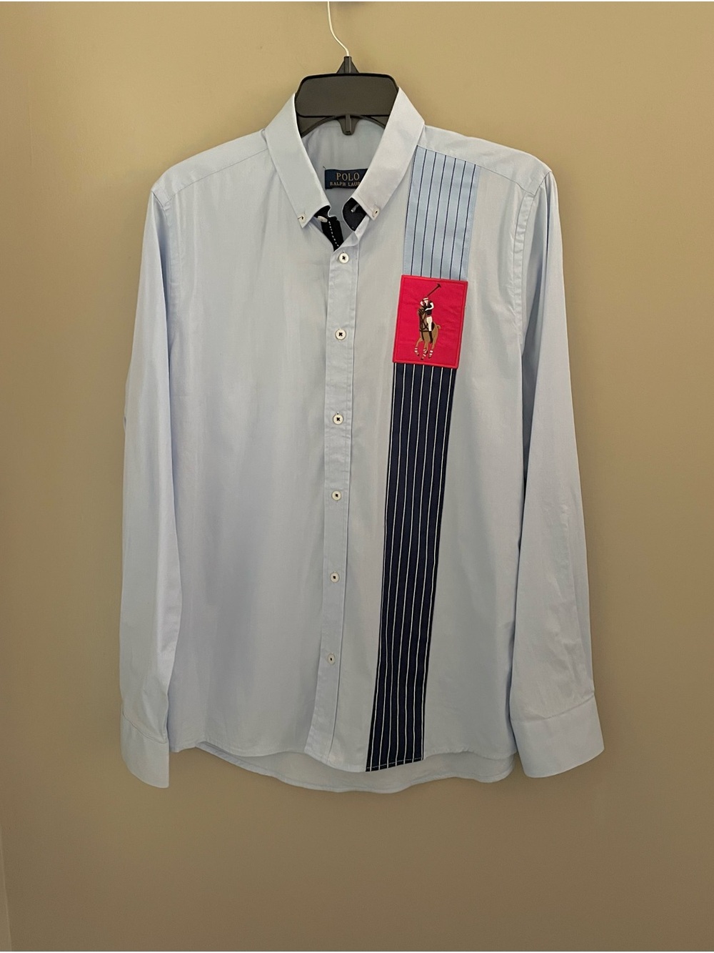 Polo Ralph Lauren Blue Button Down Shirt Big Pony and Stripe Panel